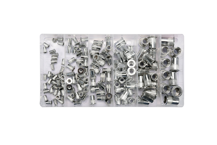 YATO YT-36460 aliuminio kniedžių veržlių rinkinys, M3-M10 dydis, 150 dalių