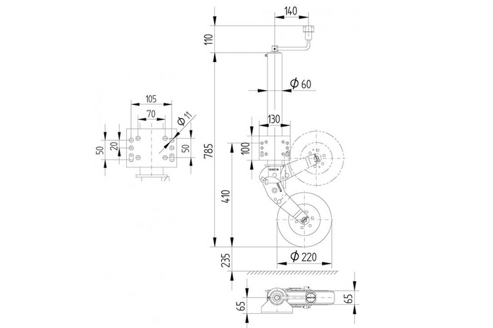 KNOTT ATK60 sustiprintas atraminis ratas su rankena 350kg 60mm 785-1020mm